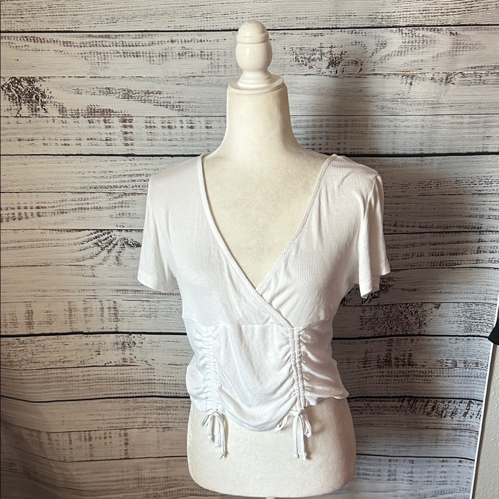 White V-Neck Ruched Blouse from love charm size large